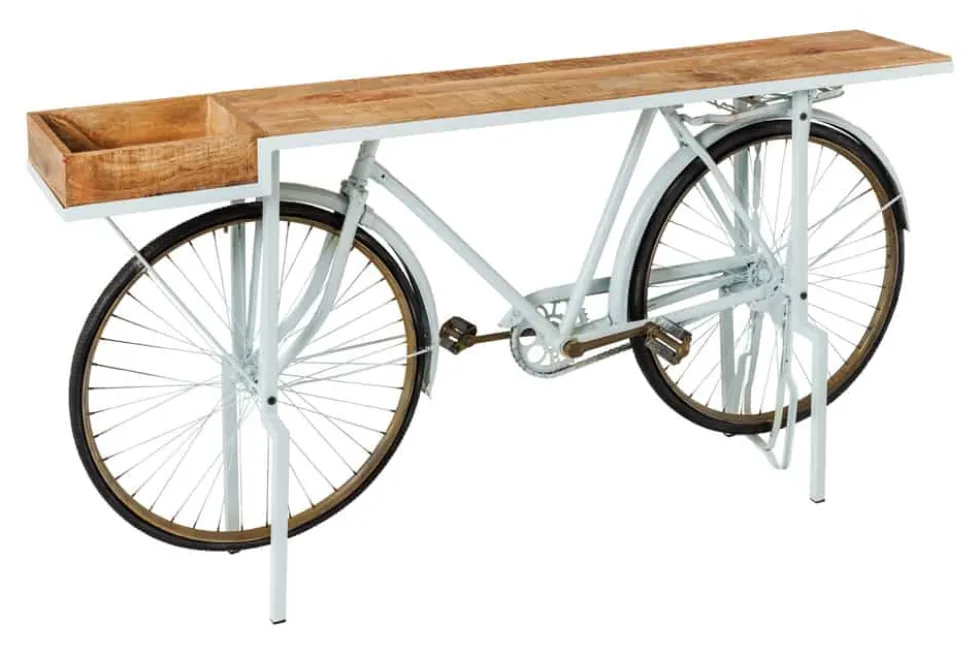 Retro Konsolentisch BICYCLE 190cm salbei natur Mangoholz Fahrrad Bartisch Upcycling