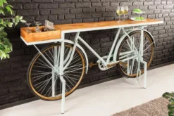 Retro Konsolentisch BICYCLE 190cm salbei natur Mangoholz Fahrrad Bartisch Upcycling