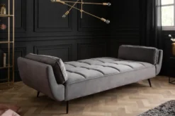 Retro Schlafsofa BOUTIQUE 215cm grau Samt 3-Sitzer mit schwarzen Füßen