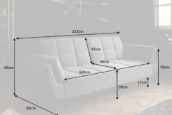 Retro Schlafsofa BOUTIQUE 215cm grau Samt 3-Sitzer mit schwarzen Füßen