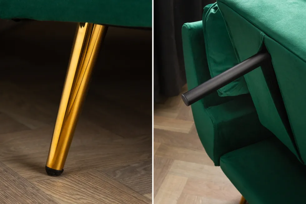 Retro Schlafsofa BOUTIQUE 215cm smaragdgrün Samt 3-Sitzer mit goldenen Füßen