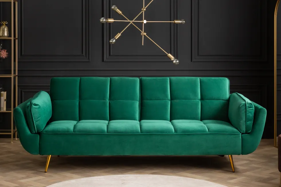 Retro Schlafsofa BOUTIQUE 215cm smaragdgrün Samt 3-Sitzer mit goldenen Füßen