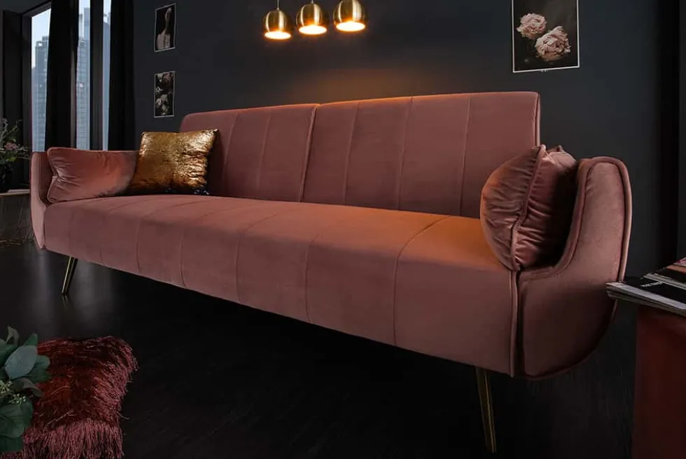 Retro Schlafsofa DIVANI 220cm altrosa Samt goldene Metallfüße 3-Sitzer mit Bettfunktion