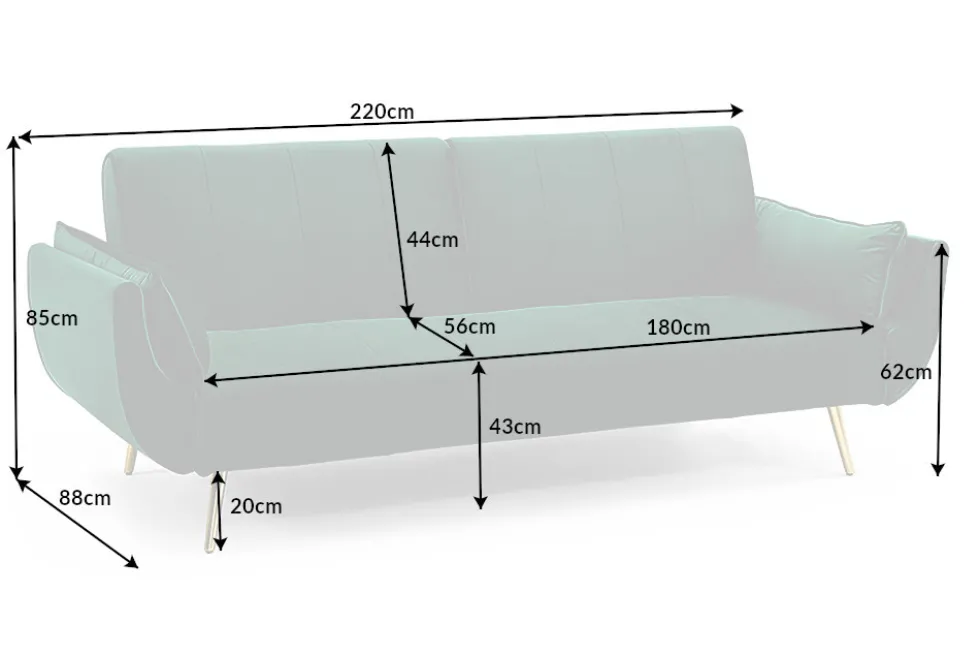 Retro Schlafsofa DIVANI 220cm smaragdgrün Samt goldene Metallfüße 3-Sitzer mit Bettfunktion