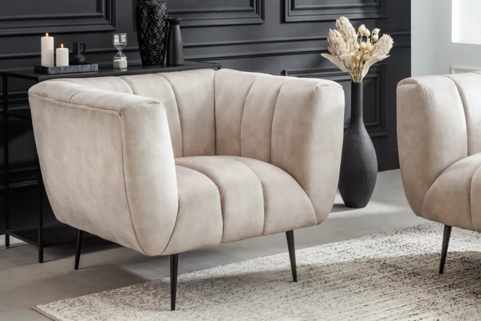 Retro Sessel NOBLESSE 105cm champagner beige Samt mit Ziersteppung