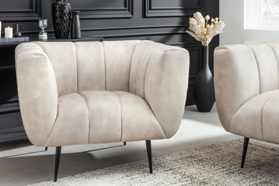 Retro Sessel NOBLESSE 105cm champagner beige Samt mit Ziersteppung
