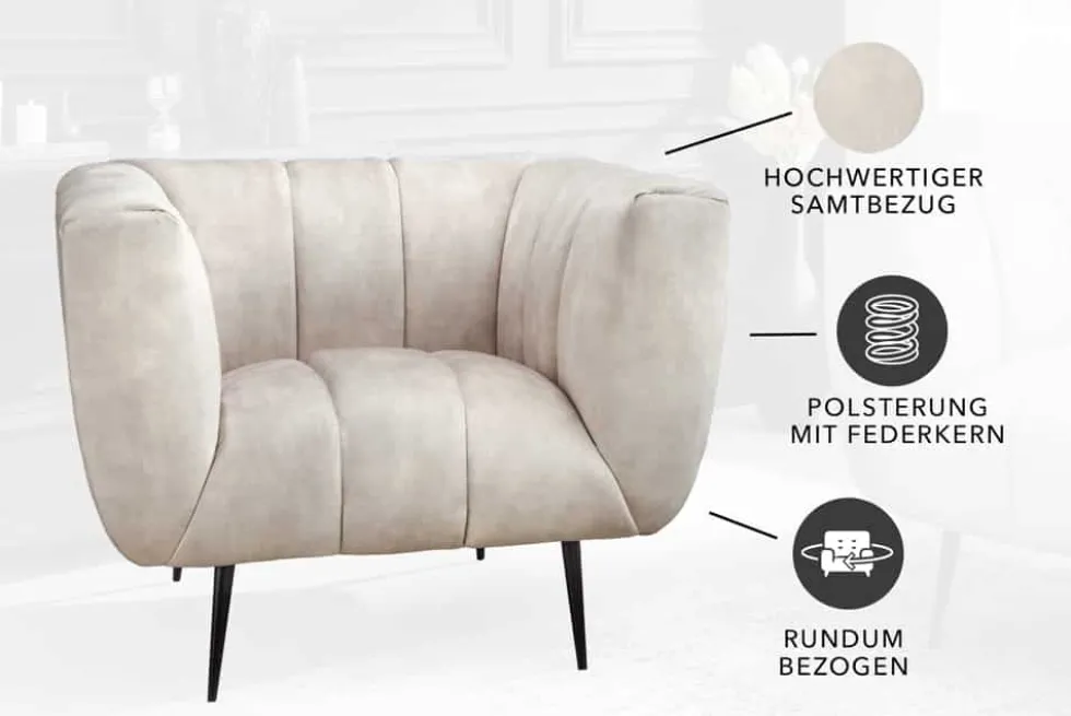 Retro Sessel NOBLESSE 105cm champagner beige Samt mit Ziersteppung