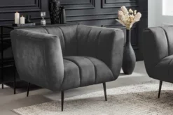 Retro Sessel NOBLESSE 105cm grau Samt schwarze Metallfüße Federkern Ziersteppung