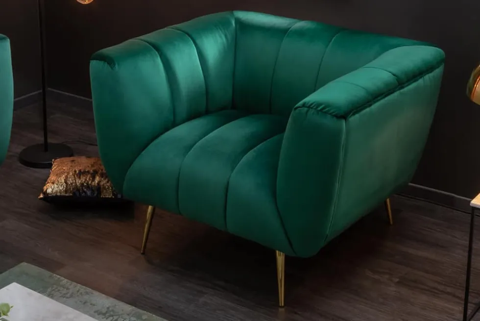 Retro Sessel NOBLESSE 105cm smaragdgrün Samt mit Ziersteppung