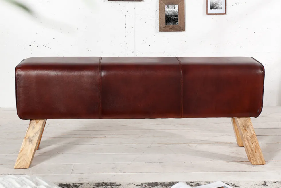 Retro Sitzbank TURNBOCK 120cm mit Echtleder Bezug Mangoholz Bank