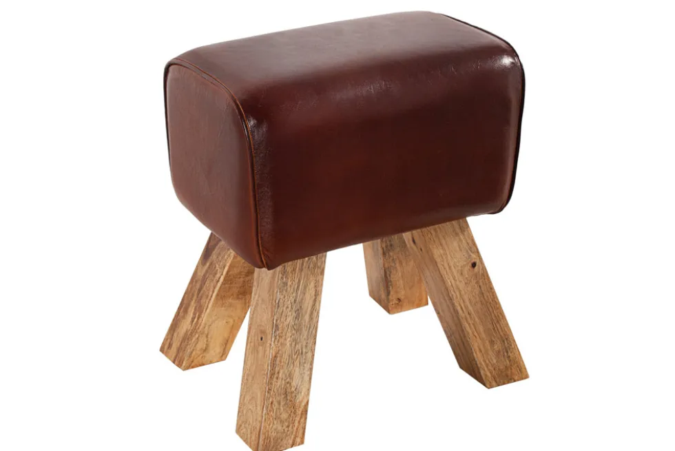 Retro Sitzhocker TURNBOCK 40cm mit Echtleder Bezug Mangoholz Hocker