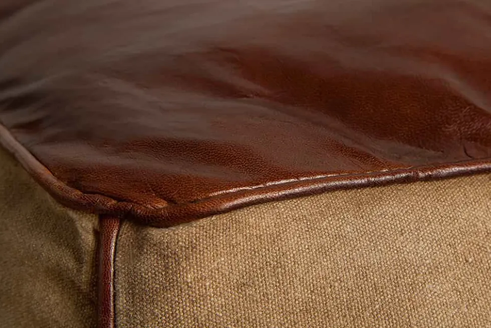 Retro Sitzpouf MUSTANG 45cm Lederbezug mit Leinen Sitzwürfel