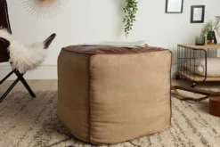 Retro Sitzpouf MUSTANG 45cm Lederbezug mit Leinen Sitzwürfel