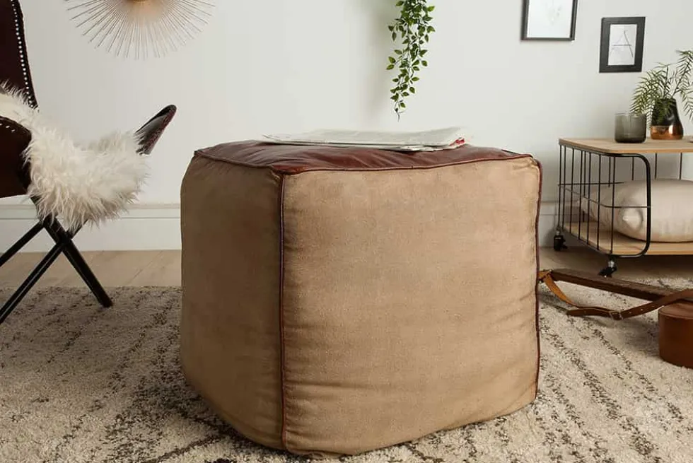 Retro Sitzpouf MUSTANG 45cm Lederbezug mit Leinen Sitzwürfel