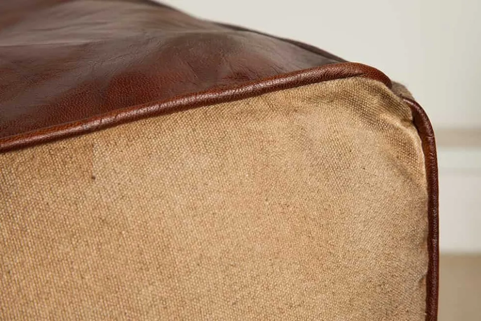 Retro Sitzpouf MUSTANG 45cm Lederbezug mit Leinen Sitzwürfel