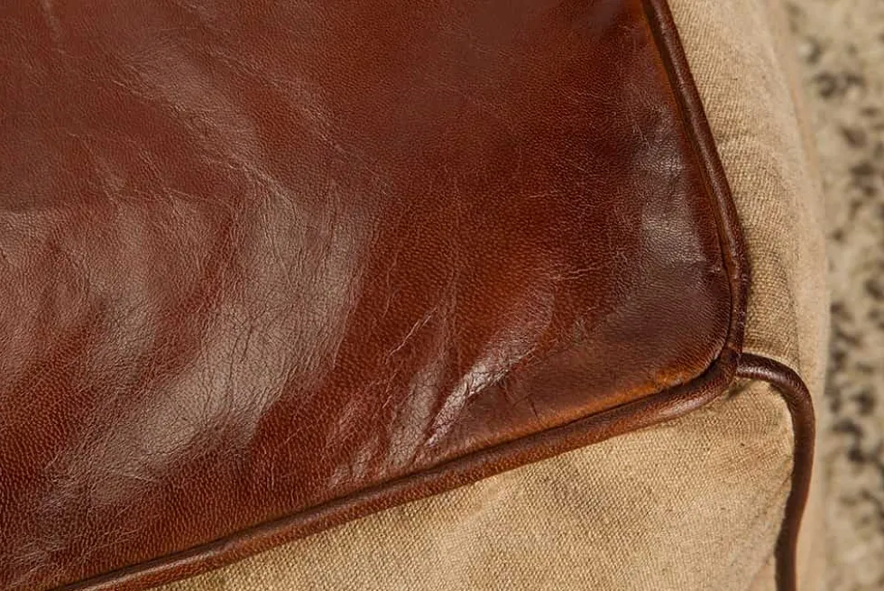 Retro Sitzpouf MUSTANG 45cm Lederbezug mit Leinen Sitzwürfel