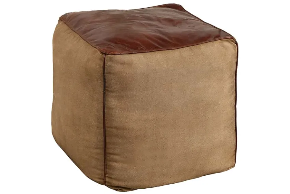 Retro Sitzpouf MUSTANG 45cm Lederbezug mit Leinen Sitzwürfel