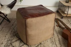 Retro Sitzpouf MUSTANG 45cm Lederbezug mit Leinen Sitzwürfel