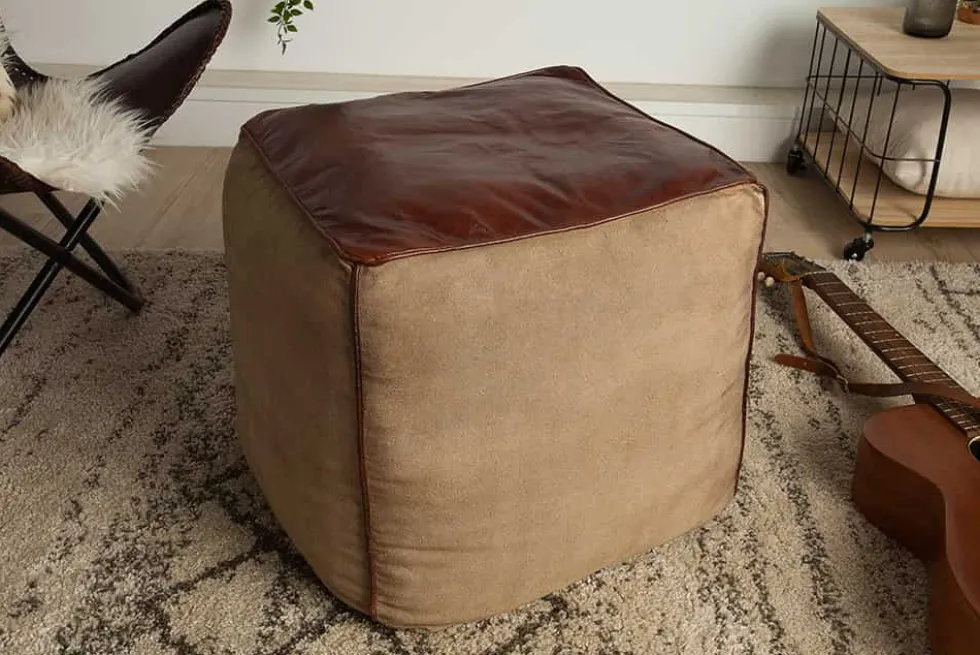 Retro Sitzpouf MUSTANG 45cm Lederbezug mit Leinen Sitzwürfel