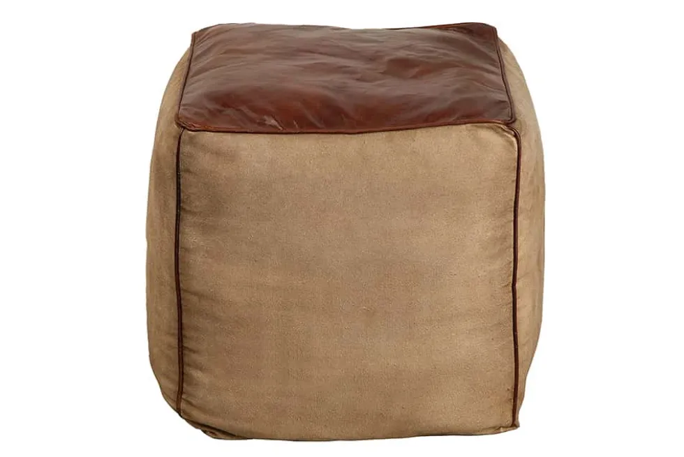 Retro Sitzpouf MUSTANG 45cm Lederbezug mit Leinen Sitzwürfel