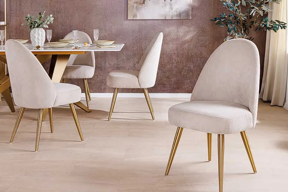 Retro Stuhl MIA CASA beige Cord champagner gold brushed Metall