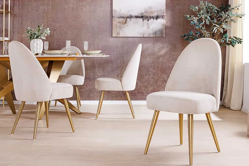 Retro Stuhl MIA CASA beige Cord champagner gold brushed Metall