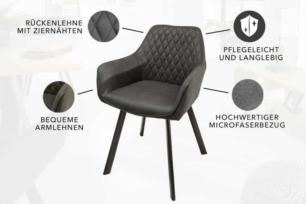 Retro Stuhl PALERMO anthrazit mit Armlehne und Ziersteppung