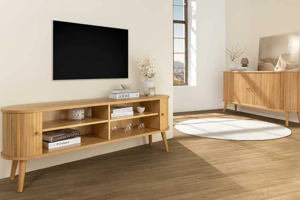 Retro TV-Board VALHALLA WOOD 160cm natur Eichenholz Schiebetüren Lowboard