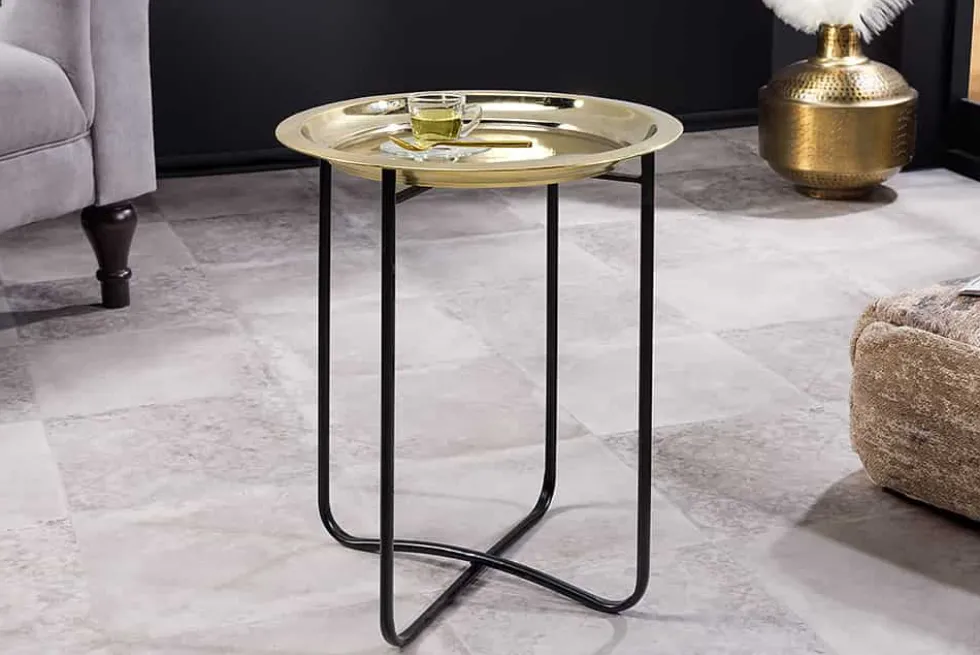 Runder Beistelltisch CASABLANCA 50cm messing gold schwarz Tablett abnehmbar klappbar