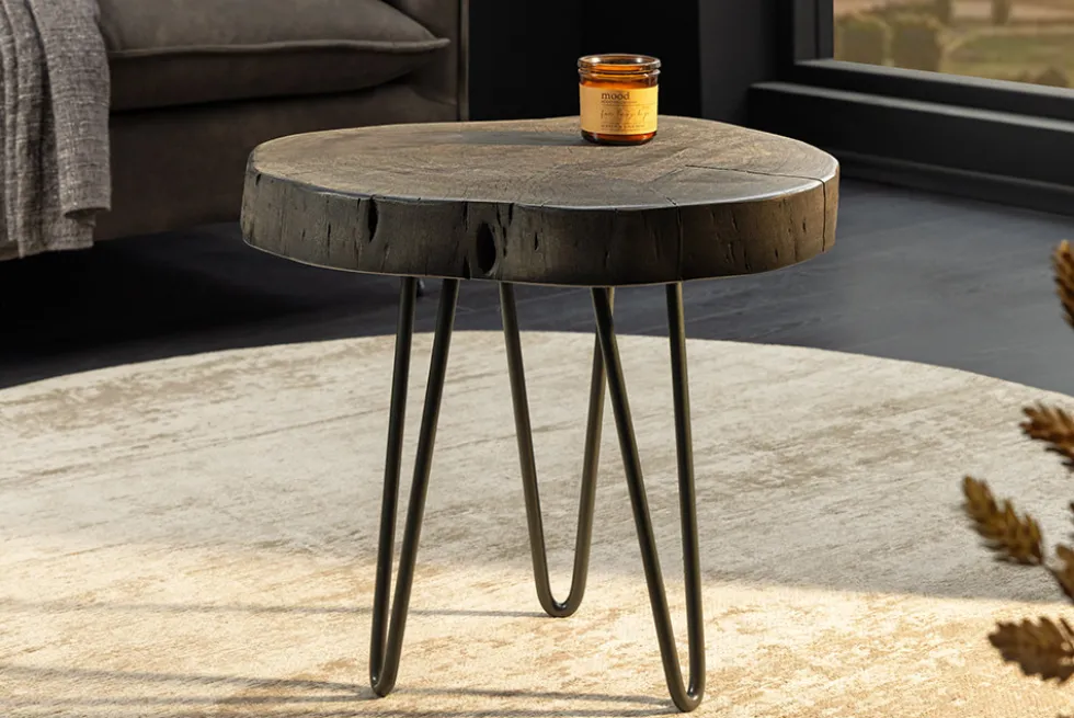 Runder Beistelltisch GOA 45cm grau Akazie Massivholz Baumscheibe Hairpin Legs Metall