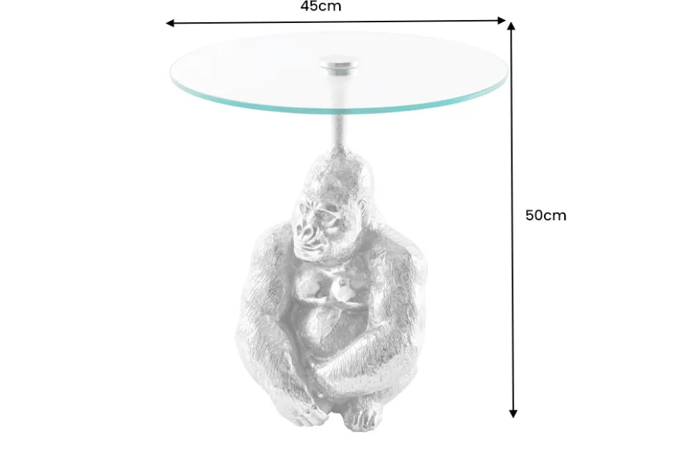 Runder Beistelltisch KONG 50cm silber Metall Glas Affenfigur Gorilla Skulptur