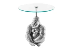 Runder Beistelltisch KONG 50cm silber Metall Glas Affenfigur Gorilla Skulptur