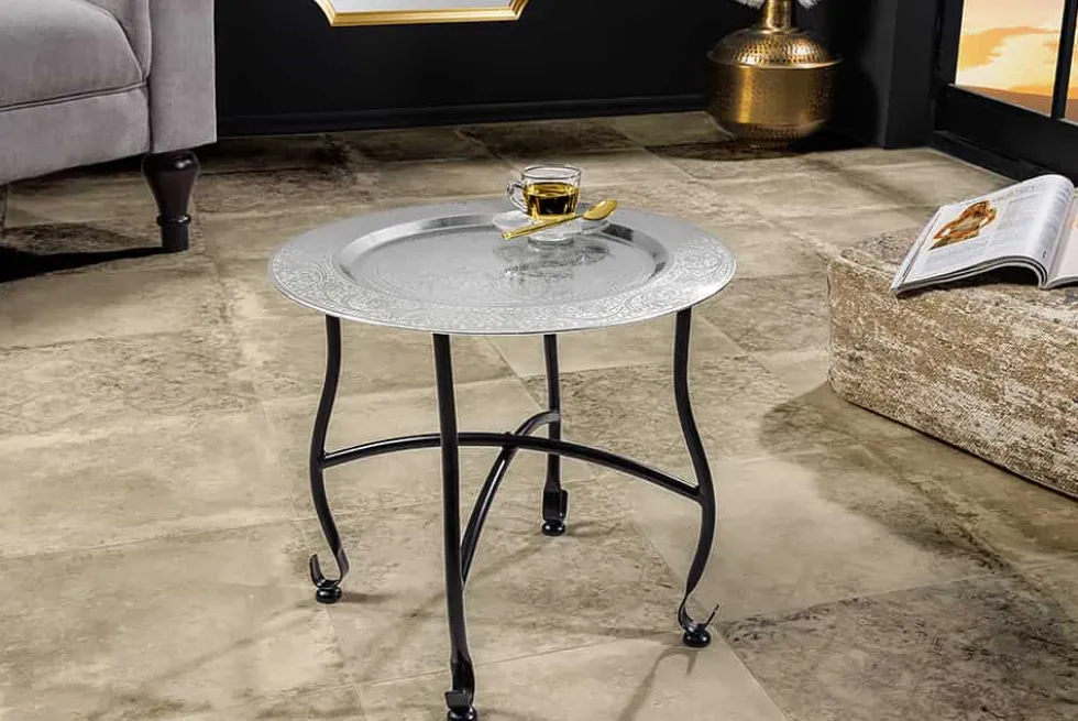 Runder Beistelltisch MARRAKESCH 40cm silber Teetisch abnehmbares Tablett klappbar