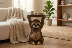 Runder Beistelltisch SLOTH 50cm grau braun Faultier-Skulptur handmade