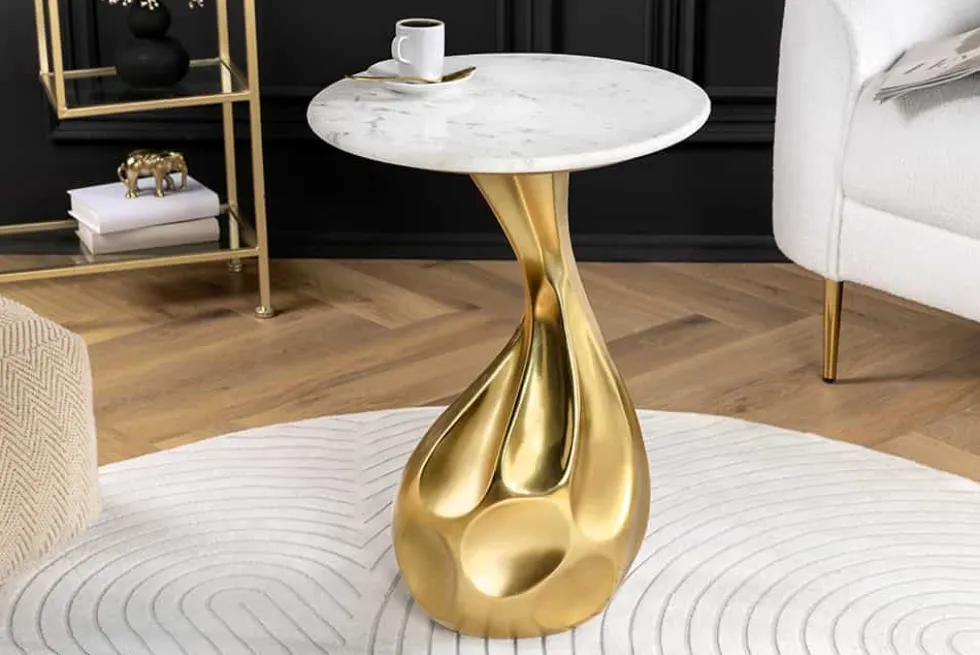 Runder Beistelltisch TEAR 60cm gold weiß mit Marmor-Tischplatte handmade
