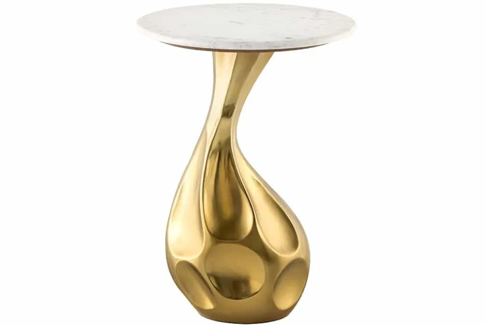 Runder Beistelltisch TEAR 60cm gold weiß mit Marmor-Tischplatte handmade