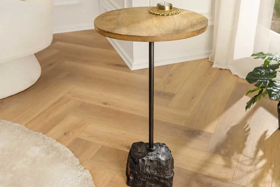 Runder Beistelltisch TRAYFUL 55cm natur Mangoholz Massivholz Marmorfuß Metall schwarz