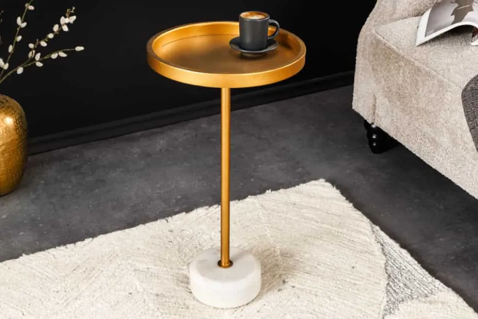 Runder Beistelltisch TRAYFUL 60cm gold Eisen weiß Marmorfuß handmade
