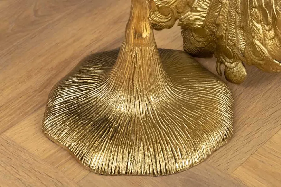 Runder Beistelltisch WILDLIFE PEACOCK 75cm gold antik weiß Metall Marmor Pfauen-Skulptur