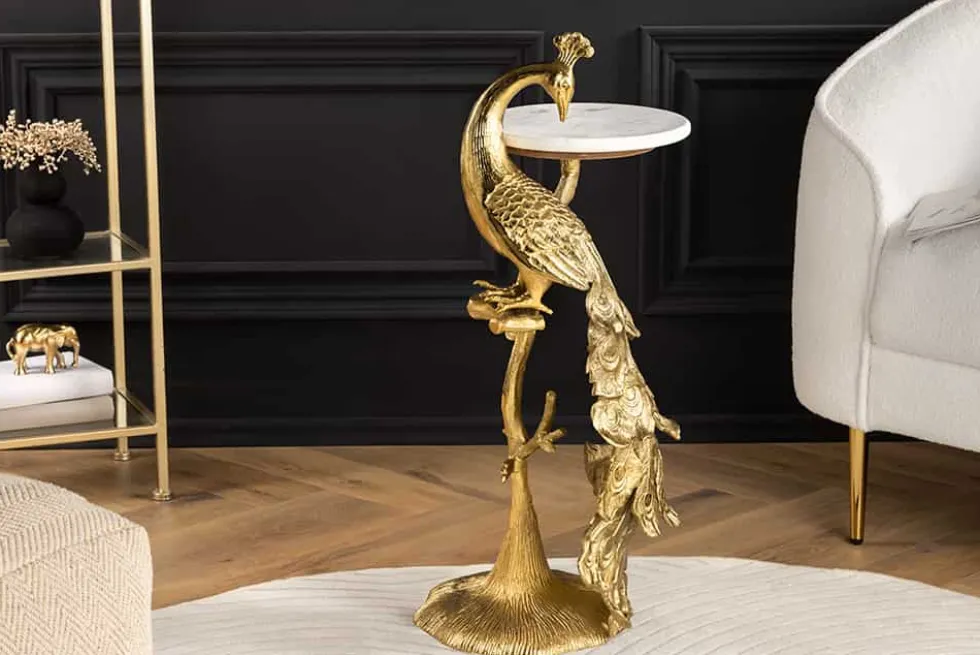 Runder Beistelltisch WILDLIFE PEACOCK 75cm gold antik weiß Metall Marmor Pfauen-Skulptur