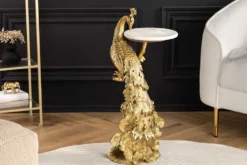 Runder Beistelltisch WILDLIFE PEACOCK 75cm gold antik weiß Metall Marmor Pfauen-Skulptur