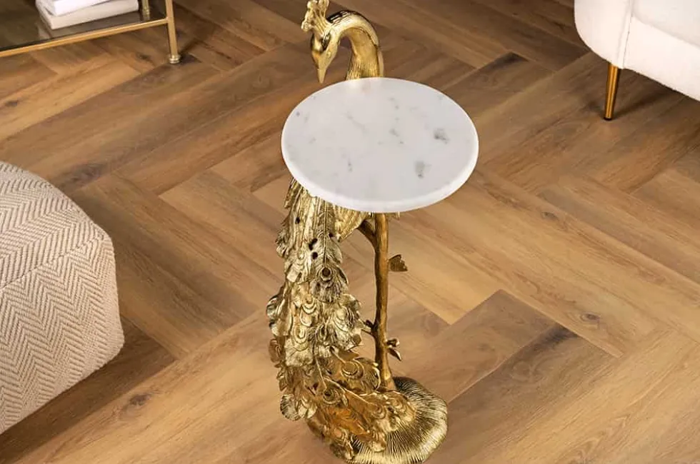 Runder Beistelltisch WILDLIFE PEACOCK 75cm gold antik weiß Metall Marmor Pfauen-Skulptur