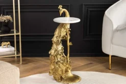 Runder Beistelltisch WILDLIFE PEACOCK 75cm gold antik weiß Metall Marmor Pfauen-Skulptur