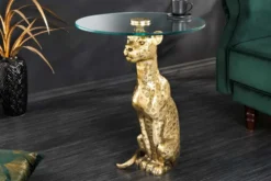 Runder Beistelltisch WILDLIFE PANTHER 60cm gold antik Metall Glas Skulptur handmade