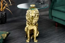 Runder Beistelltisch WILDLIFE LION 60cm gold antik Metall Glas Löwen Skulptur