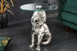 Runder Beistelltisch WILDLIFE LION 60cm silber antik Metall Glas Löwen Skulptur