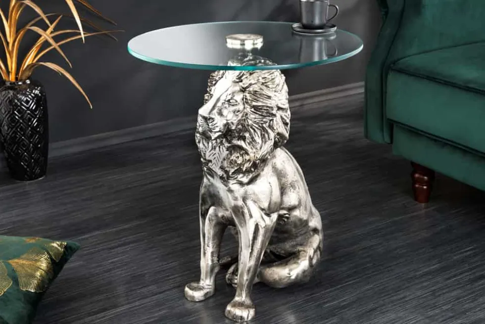Runder Beistelltisch WILDLIFE LION 60cm silber antik Metall Glas Löwen Skulptur