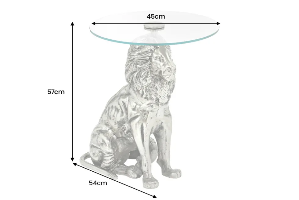 Runder Beistelltisch WILDLIFE LION 60cm silber antik Metall Glas Löwen Skulptur