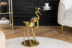 Runder Beistelltisch WILDLIFE CRANE 55cm gold Glas Kranich-Skulptur handmade
