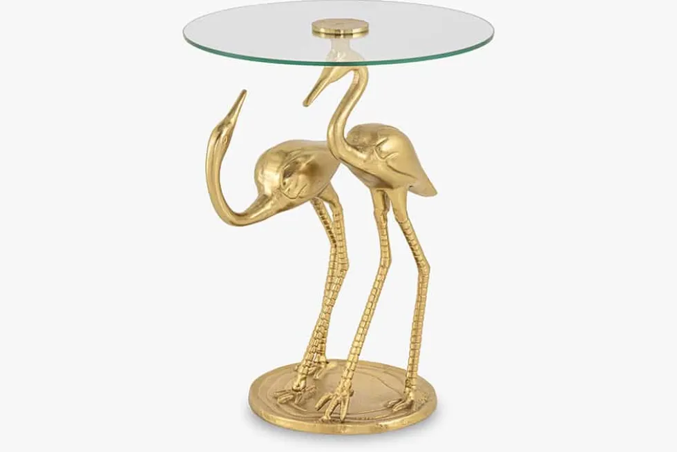Runder Beistelltisch WILDLIFE CRANE 55cm gold Glas Kranich-Skulptur handmade